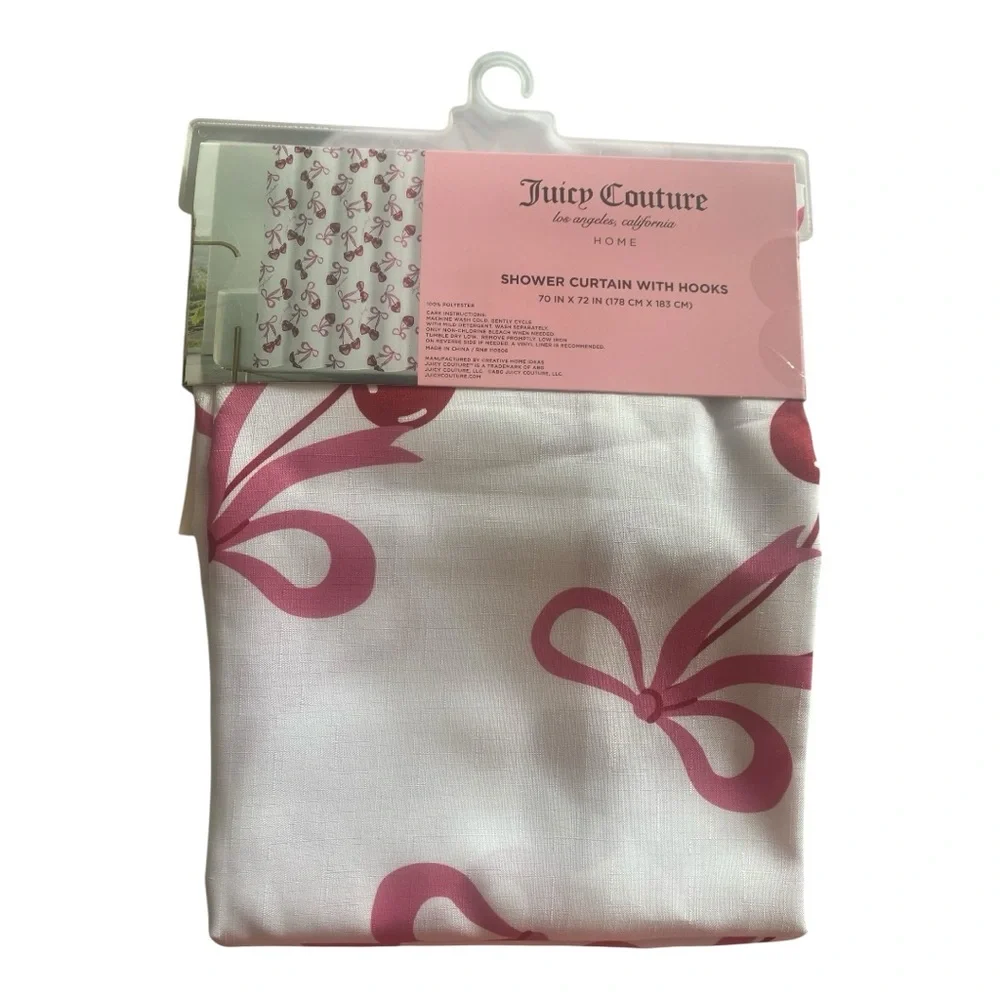 Juicy Couture Pink & Red Cherry Bows Shower Curtain with Hooks Set